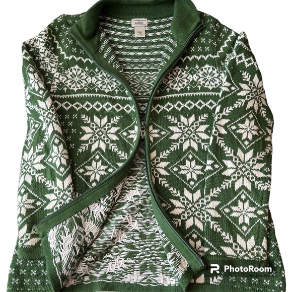 L.L. Bean Heavy Cotton Zip Cardigan Green White Faire Isle Holiday Size Medium - Picture 2 of 9